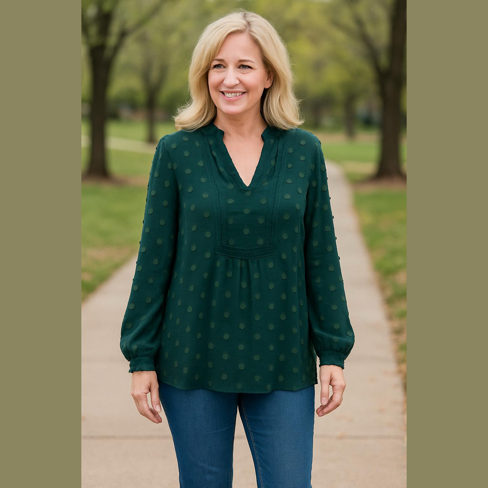 BloomChic Boho Dark Green /Dot Blouse. P2P 23.5” Length 27.5” SIZE 14/16. NWT - Picture 2 of 6